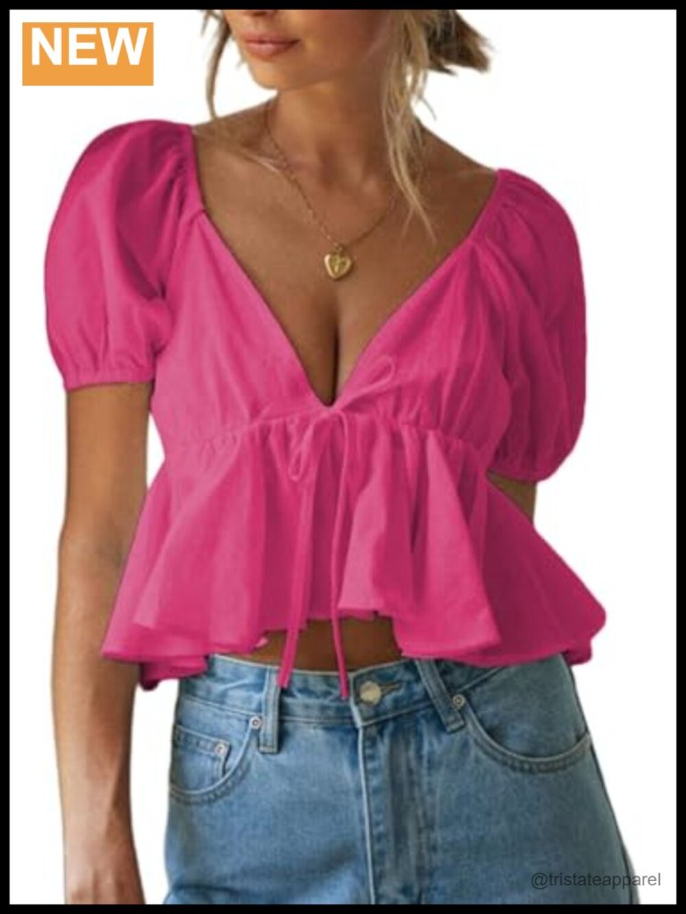 Women's Ruffle Hem Peplum Crop Top Deep V Neck Puff